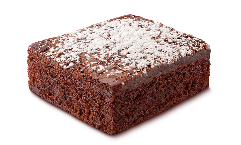 square chocolate cake with powdered sugar on top